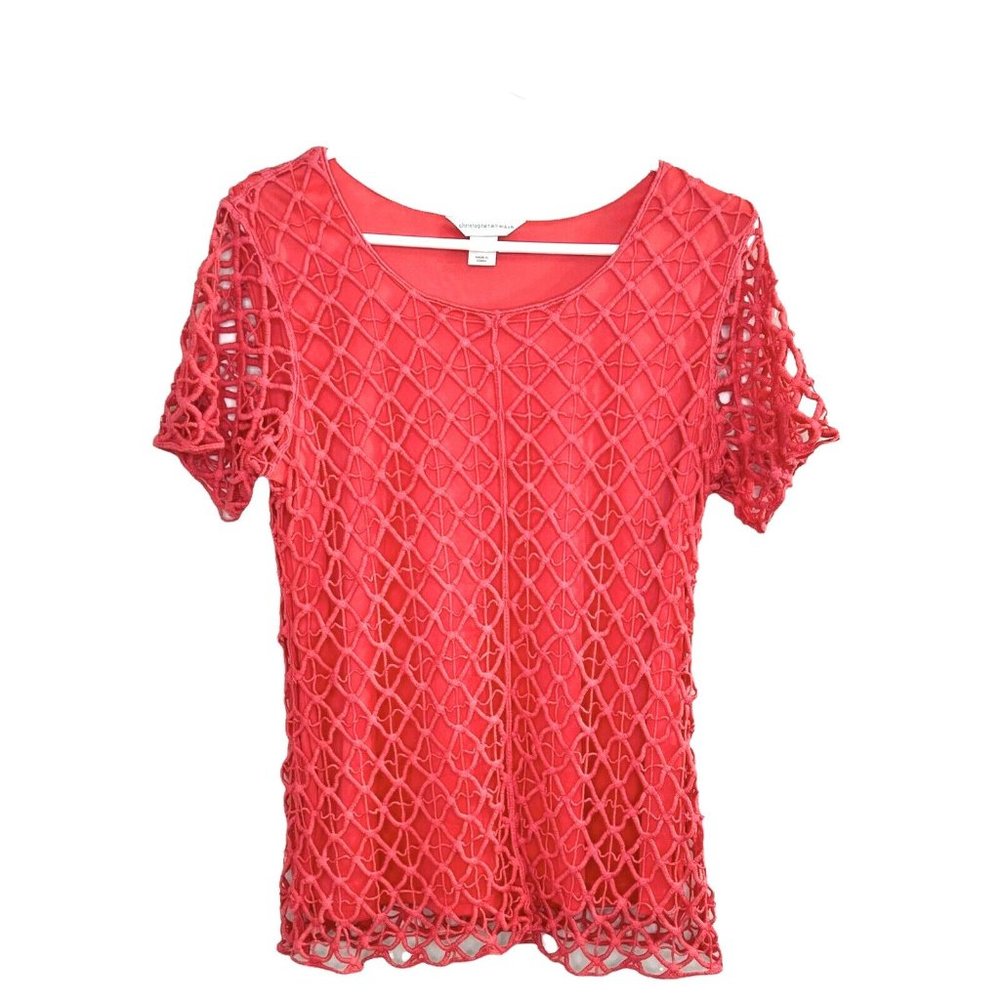 Christopher & Banks Top Peach/Coral Lined Fish Net Short Sleeve Womens Sz L
